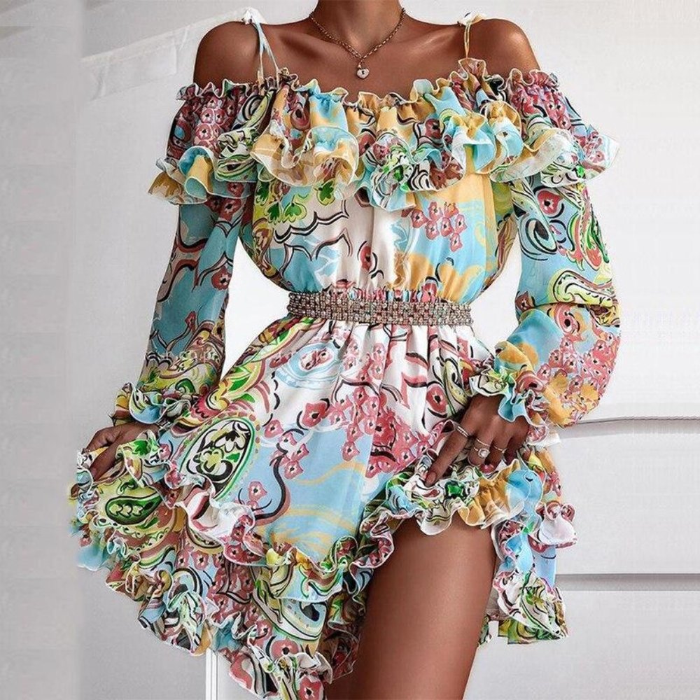 Off Shoulder Ruffle Long Sleeve Mini Dress - Picture 3 of 4